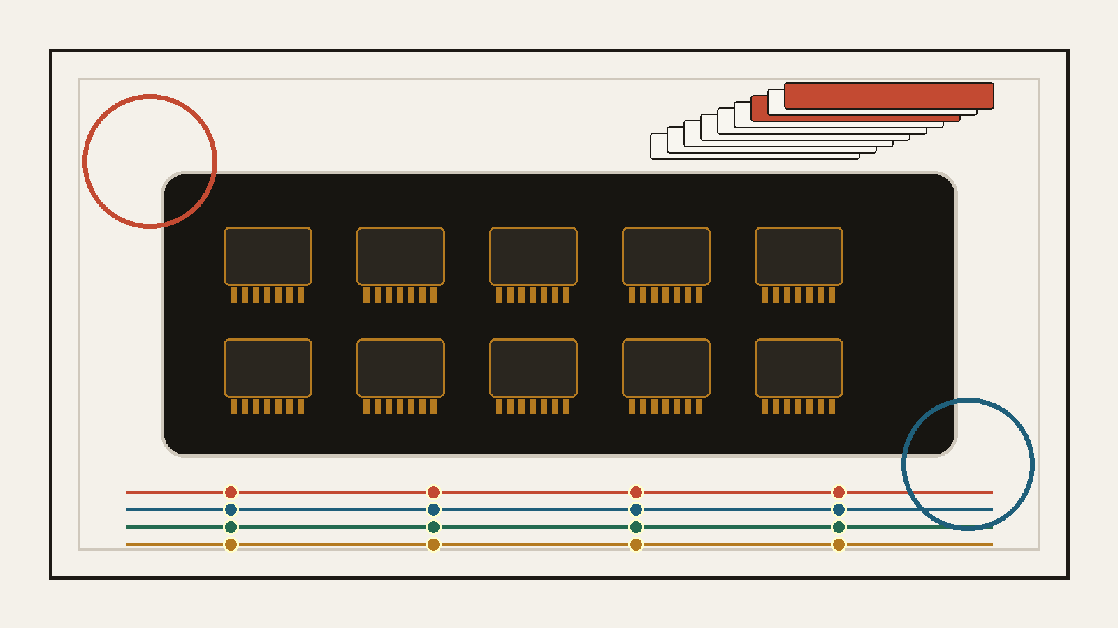 Text-free editorial image showing an SSD board, stacked dies, and data-center signal traces