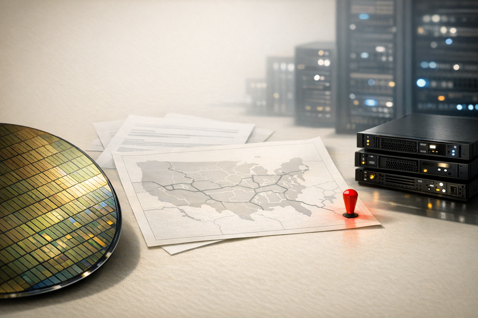 AI infrastructure export-control editorial image with semiconductor wafer, server stack, and access-control map