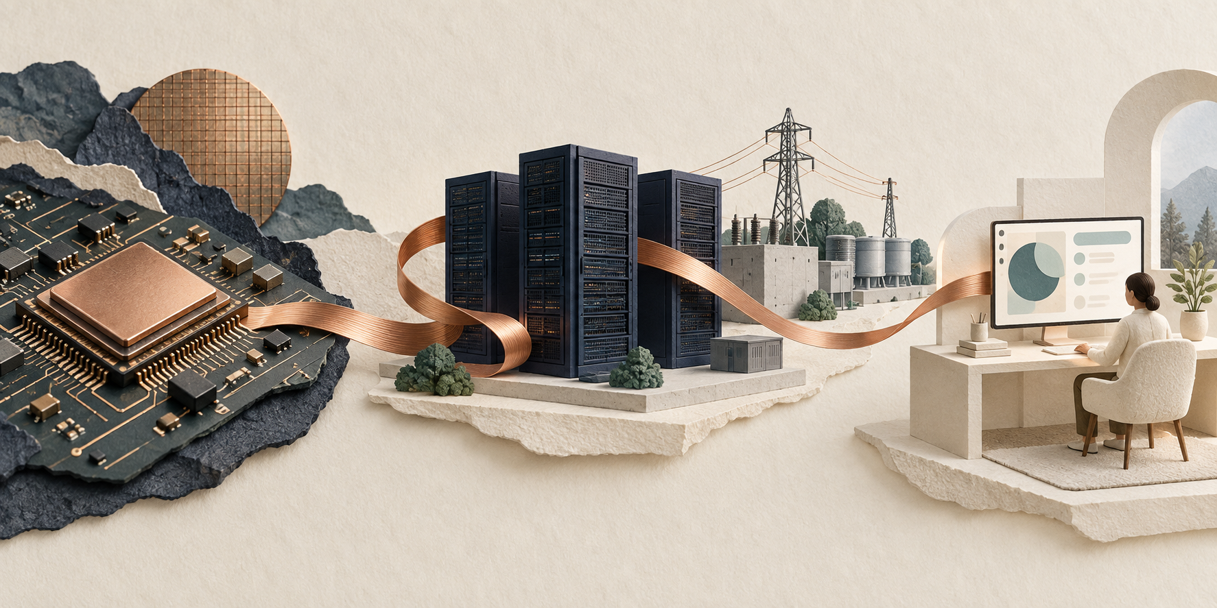 Editorial illustration connecting chips, servers and power infrastructure to an end user