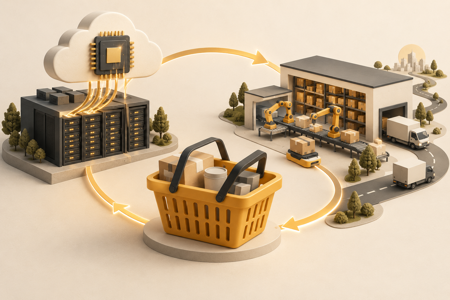 Conceptual illustration linking cloud and AI chips with shopping and fulfillment